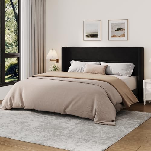 Garvee King Size Bed Frame with Wingback Headboard, Velvet Upholstered Platform Bedframe with Wood Slats, No Box Spring Needed, Easy Assembly, Black Black King