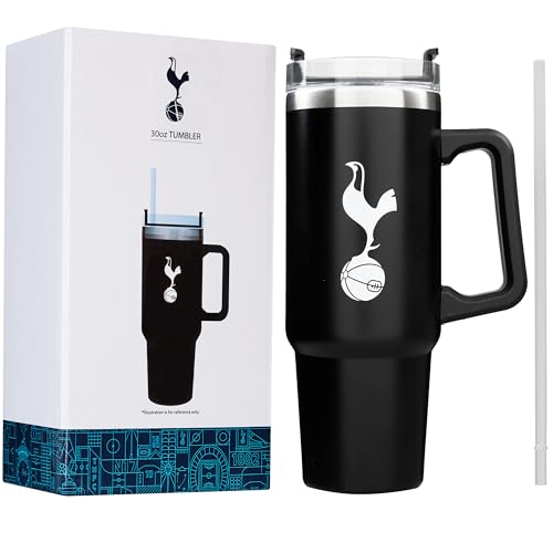 Get Trend Tottenham Hotspur Insulated Tumbler 850ml Stainless Steel Water Bottle with Straw & Handle Cold for 12H Hot for 8H Travel Coffee Mug Football Gifts (Black Spurs)