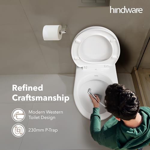 Image of Hindware Flora Wall Hung Western Commode for Bathroom | Made of Ceramic | P-255 Trap | Soft Close Feature | Star White | Geometric Shape | Wall Mount Ewc | 10-Year Manufacturer Warranty
