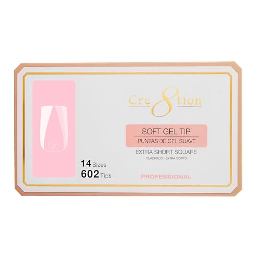 Cre8tion Soft Gel Nail Tips, Extra Short Square Shape, 602 Tips in 14 Sizes (00-9) for Professional Nail Extensions