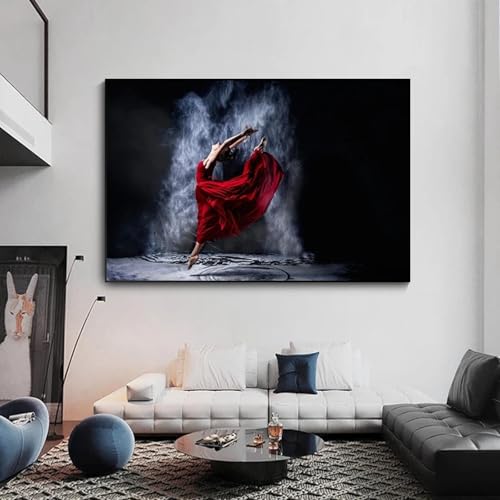 Robe rouge femme dansant affiches noires portrait art toile 80x120cm sans cadre pour salon