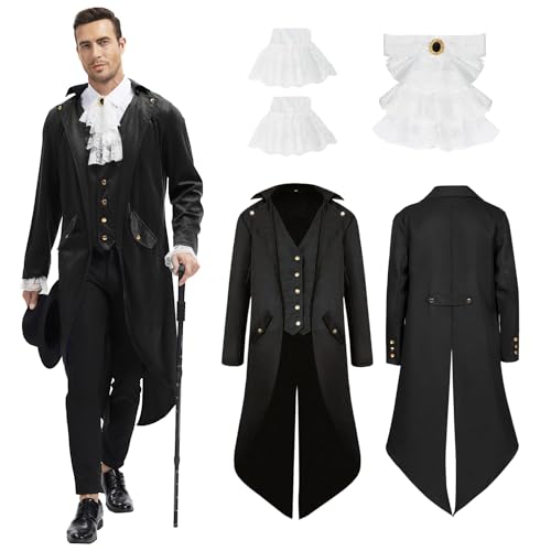 rumnigh Mens Steampunk Medieval Jacket, Medieval Victorian Vintage Jacket Uniform Long Tuxedo,Halloween Costume (Black, XL)