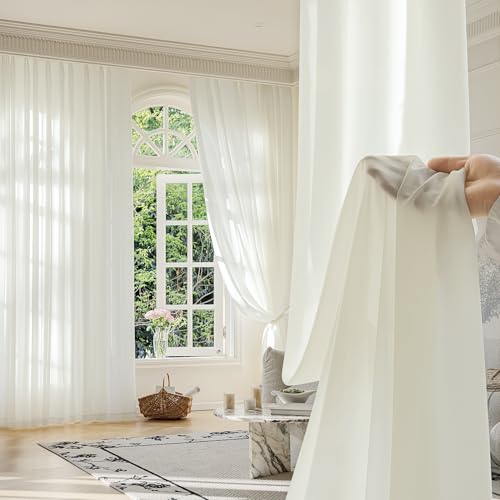 Image of FMFUNCTEX Beige Sheer Curtains, 45 Inch, Rod Pocket, 2 Panels for Bedroom | Nature Beige Semi Sheer Airy Drapes for Living Room, Faux Silk, Light Filtering for Privacy Without Blocking Natural Light