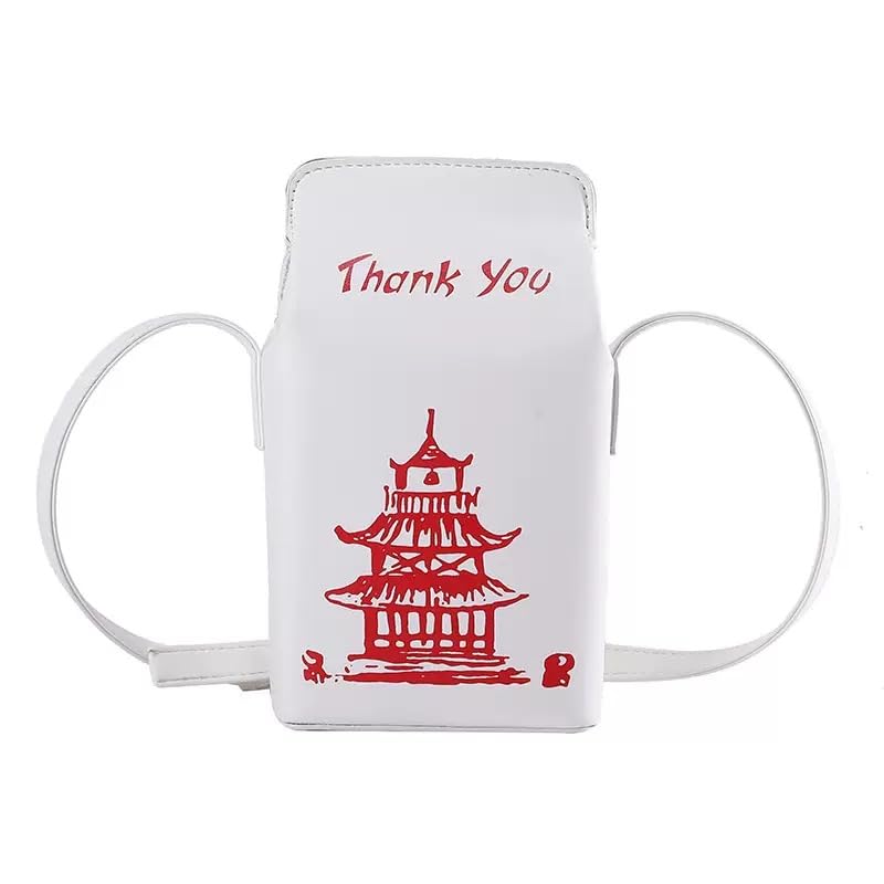 Chinese Pagoda Print Crossbody Bag, PU Leather Thank You Purse, Mini Takeout Box Style