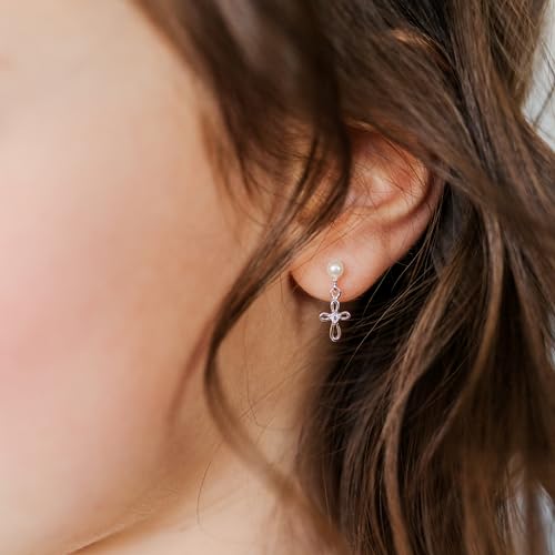 Cherished Moments Children's Sterling Silver Dainty Cultured Pearl or CZ, Dangling Cross Earrings with Screw Backs for Baptism, Christening, First Communion Gift for Toddlers, Kids, and Little Girls3