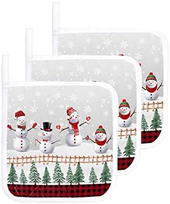 Christmas Snowman Pot Holders for Kitchen, Red Black Plaid Xmas Tree Snowflake Grey Pot Holder with Loop Trivet Heat Insulation Oven Mitts Hot Pads, Washable Potholders for Cooking Backing 3 Pack