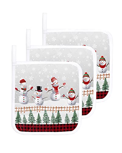 Christmas Snowman Pot Holders For Kitchen, Red Black Plaid Xmas Tree Snowflake Grey Pot Holder With Loop Trivet Heat Insulation Oven Mitts Hot Pads, Washable Potholders For Cooking Backing 3 Pack #TOP2