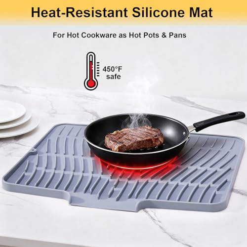 Silicone Dish Drying Mat for Kitchen Counter,Non-Slip Dish Drying Pad with Drain Lip,Heat Resistant Sink drying Mat for Dishes,Large Rubber dish drain mat dish rack mat (Grey,15.8\"x13\")