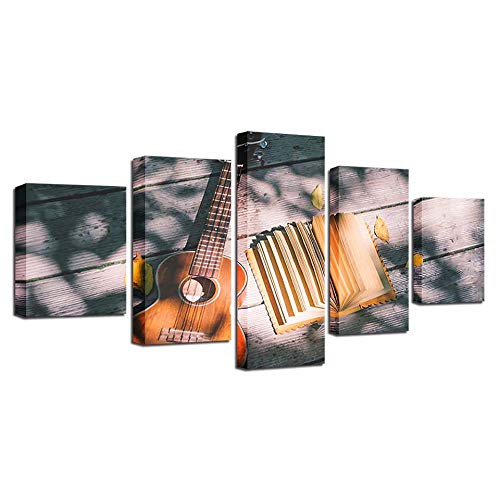 Tableau guitare et livres grand format 5 pièces pour habiller un salon sans cadre