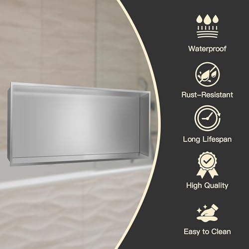 Shower Niche No Tile Needed 24 x 12, Niche for Shower Wall, Shower Niche Insert Tile Ready Recessed, Over Mount Installation, Brushed Nickel