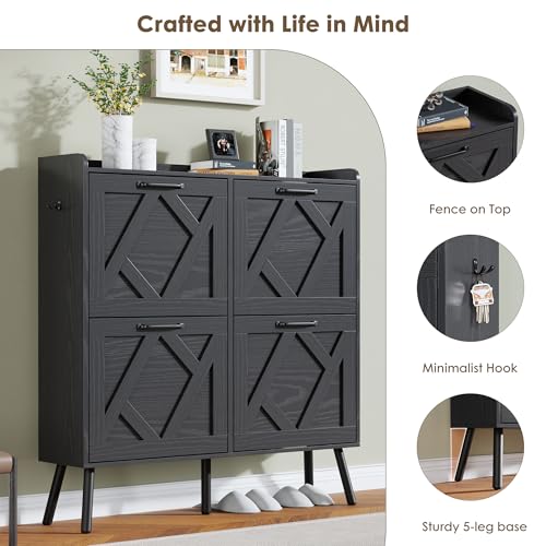 Image of Nicetree Shoe Cabinet with 4 Flip Drawers, Hidden Shoe Rack Cabinet with Metal Legs, Farmhouse Narrow Shoe Storage Cabinet for Entryway, Foyer, Hallway, Black