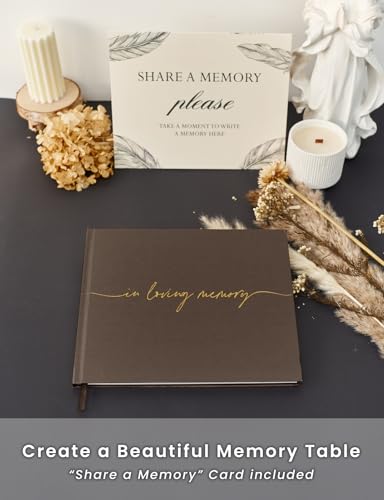 Image of Funeral Guest Book for Memorial Service, in Loving Memory 9x7.5 | 320 Entries, Table Sign Card Included, Gold Stamping, Twill-Textured Paper Cover, Celebration of Life Keepsake, Chocolate
