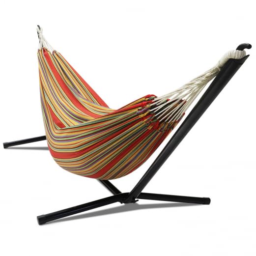 IDMarket - Hamaca con soporte de metal y tela rayada roja y amarilla
