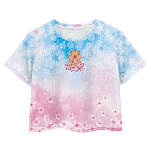 Image of Girls Crop Tees Crew Neck Casual Short Sleeve T Shirts Kids Loose Soft Comfortable Tees Blouses Shirt for Little Girl