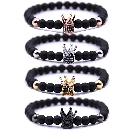 Hyhoney 4 Pcs Micro Pave Zircon Crown King Charm 6Mm Beads Bracelet For Men Women His And Hers Couple Bracelet Natural Black Matte Onyx Stone Hematite Beads Elastic Adjustable #TOP25