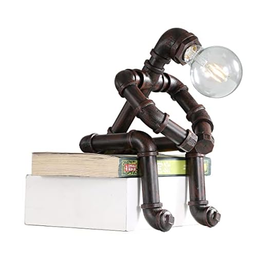 EFINEHOME Water Pipe Table Lamp Robot Style- Retro Industrial Table Light- Antique Steampunk Metal Desk Lamp Bedside Lighting Fixture for Office, Reading Kids Room, Cafe Bar (Rust-Style C)