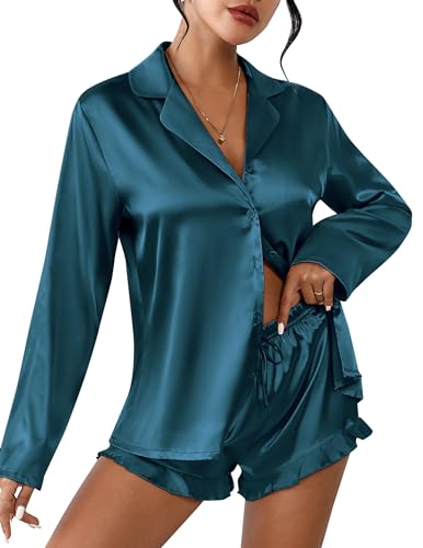 Womens satin pajama set long sleeve top and shorts