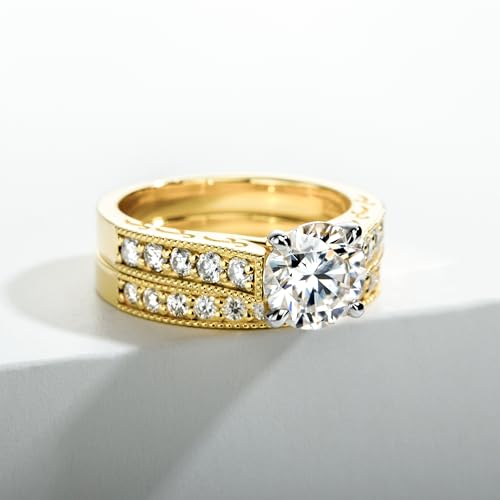 Idocare Main stones 1ct/2ct All Moissanite Rings Set for Women D Color Round Cut 14K Yellow Gold Plated 925 Sterling Silver4