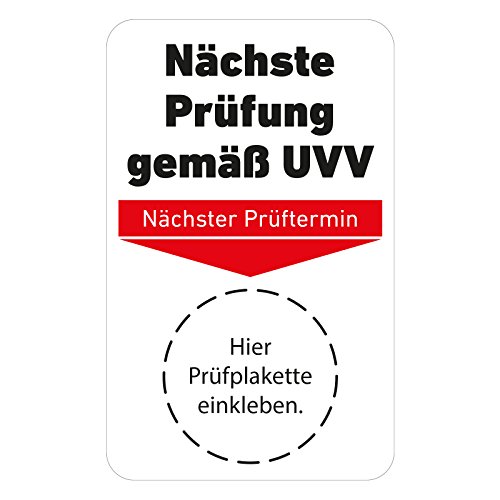100 Stück Grundplakette 'Nächste Prüfung gemäß UVV' - 70 x 40 mm, selbstklebende Vinylfolie, passend für 20mm und 30mm Prüfplaketten. Inklusive 1 gratis Lochzangen (3mm Rundloch, Kerbzange)