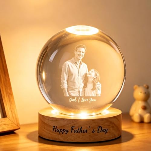 Image of Personalized LED Light Gift for Dad, Custom Photo Crystal Ball Light Night, Fathers Day Gift, Best Dad Ever, Daddy & Kids Portrait Globe