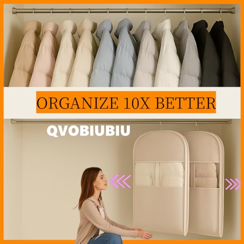 2025 Space Saving Hanging Garment Bag with Self Compression Zipper, Otherwise Space Saving Garment Bag for Down Coat, Hanging Storage Bags for Clothes (Beige,XL)