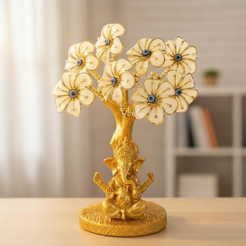 Image of eCraftIndia Tree of Life with Lord Ganesha Idol Showpiece (White, Golden) | Evil Eye Feng Shui Items for Good Luck Positive Energy Vastu Shelf Living Room Home Decoration.