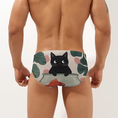 Fish and Cat Men's Swimming Trunks Briefs Beach Swimwear Low Rise Bikini Swimsuit Print Bathing Suit2