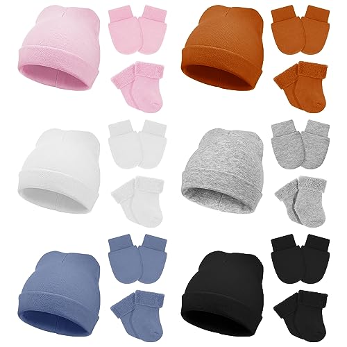 Image of Toulite 6 Pack Preemie Newborn Hats Mittens and Socks Set Cotton Beanie Hats Socks and No Scratch Mittens
