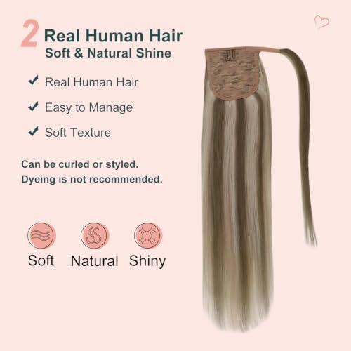 Image of Easyouth Ponytail Extensions Human Hair, Light Brown Mix Blonde Highlights, 20 Inch 80G, Wrap around Ponytail, Long Straight Style, Real Hair Ponytail Extension for Wedding