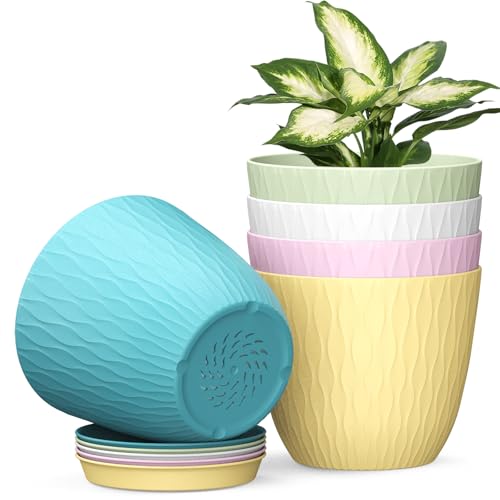 Homeuouz 5 Packs Blumentopf mit Bewässerungssystem, 15.3cm Pflanzentopf mit Bewässerungssystem, Übertopf mit Untersetzer, Blumentöpfe Set Ideal für Innen und Balkongärten, Bunt