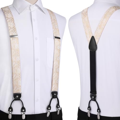 Image of HISDERN Suspenders for Men Paisley Floral Bow tie Suspender Pocket Square Sets Adjustable Y Shape 6 Clips Wedding Braces