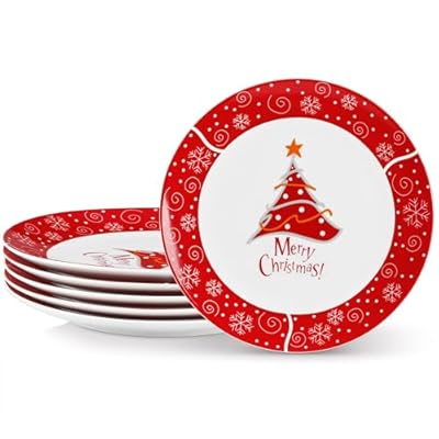 VEWEET Christmas Dinner Plates Set of 6, 10.5 Inch Ceramic Plates Sets, Festive Holiday Tableware for Family Meals, Parties and Celebrations, Series Christmastree
