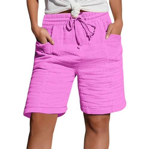 Pantalones cortos de lino para mujer, color liso, cordón con bolsillos, cintura elástica, holgados, casuales, ropa de verano, pantalones cortos de algodón para caminar, hot pink, L
