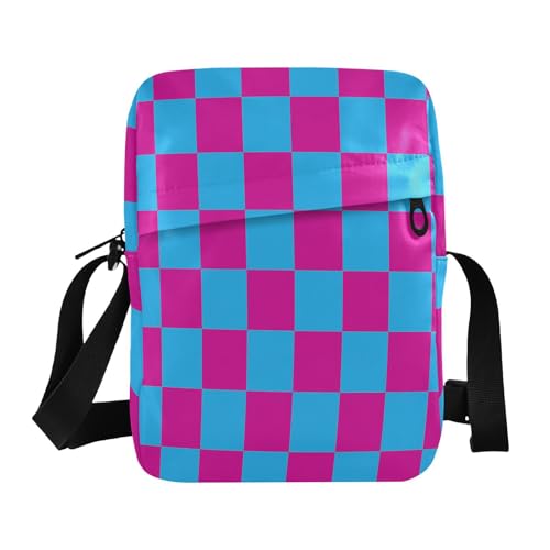men's messenger bag cross body bag men Casual Everyday Purse Adjustable Strap for School School- Cyan Blue and Fuchsia Checkerboard Pattern