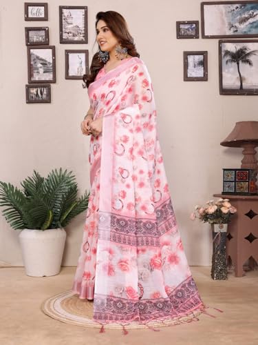 Image of Women's Zari Border Cotton Linen Printed Saree with Blouse