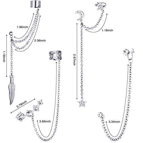 4 Pieces Cuff Earrings Chain Asymmetric Moon Star Tassel Ear Cuff Crawler Long Chain Climbers Drop Dangle Earrings for Women Holiday Decor (Silver)2