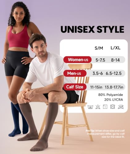 Image of PULIOU Compression Socks for Women Men, Comfortable 20-30 mmHg Circulation Knee High for Travel, Flying, Athletic, 2 Pairs