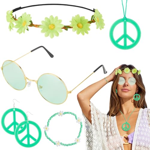 6PCS Hippie Costume Accessories Set, 60s70s Retro Hippie Glasses Peace Sign Earrings and Necklace Sunflower Hair Band(Green)