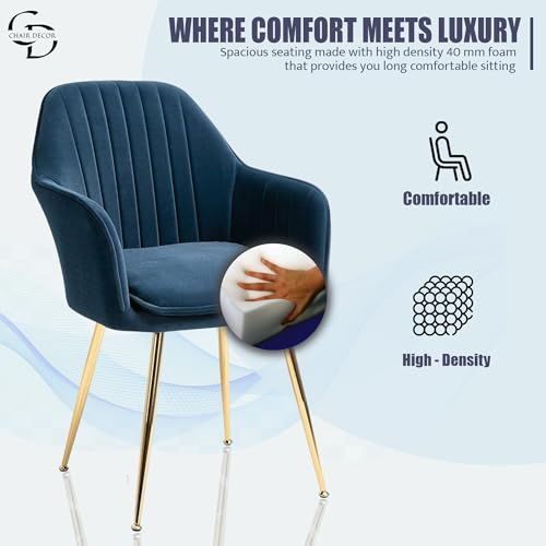 Image of Velvet Accent Chair with Matching Pouffe & Floral Cushion | Upholstered Lounge Armchair with Gold Metal Legs for Living Room, Bedroom, Office & Guest Room (Blue)