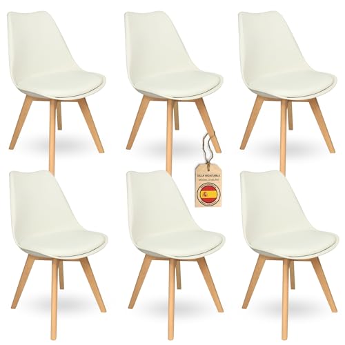 HOME DESIGN & CONFORT ®Sillas de Comedor Nórdicas con Respaldo Ergonómico con Material PU y Patas con 2,8cm de Anchura | Sillas de Cocina con Madera de Haya Maciza (6 Sillas Blancas)