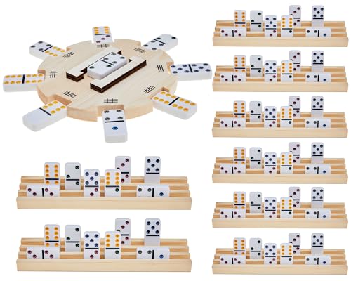 Poen Dominoes Mexican Train Hub with 8 Pieces Wooden Domino Racks Mexican Train Hub Domino Trays Holders Organizer for Xmas New Year Mexican Train Chicken Foot Combo (Do Not Contain Dominoes)