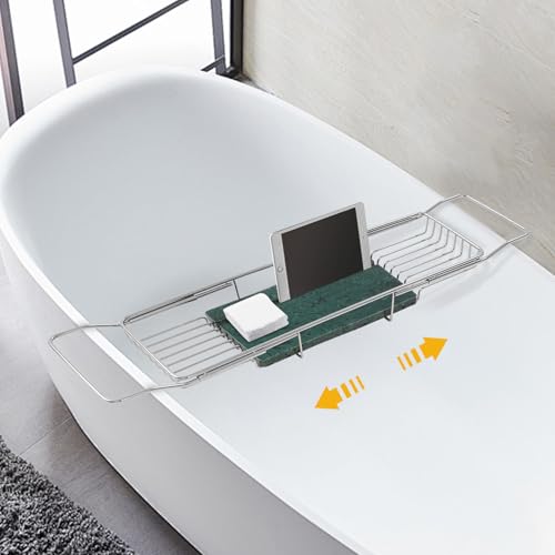 Bathtub Tray Caddy for Luxury Bath, Stainless Steel 26.8-35.4 in Expandable Extra Wide Bath Tub Tray with Natural Marble and Mobile/Tablet Stand, Ideal for Home Spa Lovers (Silver + Green)