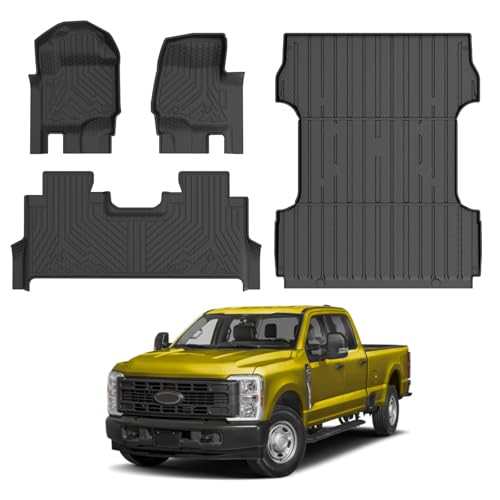 KUST Floor Mats Set for 2017-2026 Ford F250/F350/F450 Super Duty Crew Cab (Only for Rear Seat with Under-Seat Storage), 6.8FT Truck Bed Mat All Weather F250 Accessories TPE Rubber Raised Edge