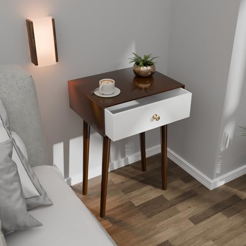 Image of ETIQUETTE ART Modern Bedside Table with Solid Wood Legs, Minimalist and Practical End Side Table with Drawer Storage, Easy Assembly (Brown & White)