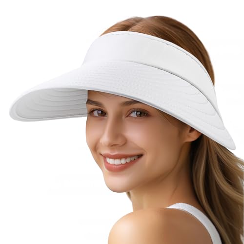 Sun Hats for Women - Wide Brim Sun Visor Hat for Women UPF50+ Lightweight Foldable Ponytail Sports Cap White