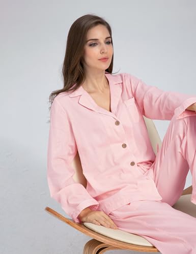 Image of Womens Muslin Pajama Set 100% Cotton Double Gauze Linen Like | Breathable Soft Comfort Button Up Loungewear Sleepwear PJ Set
