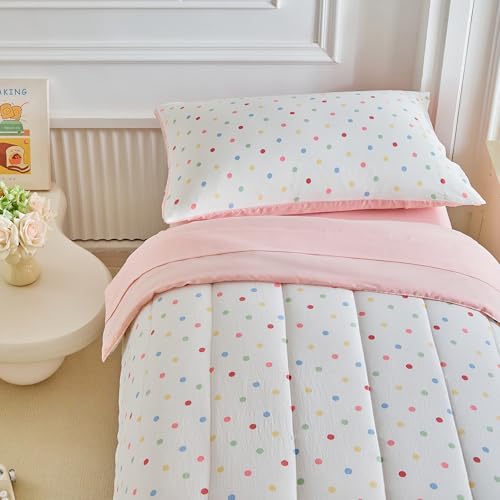 Image of Joyreap 4 Piece Toddler Bedding Set- Polka Dots Pink n White Design, Microfiber Toddler Bedding Comforter Set for Girls