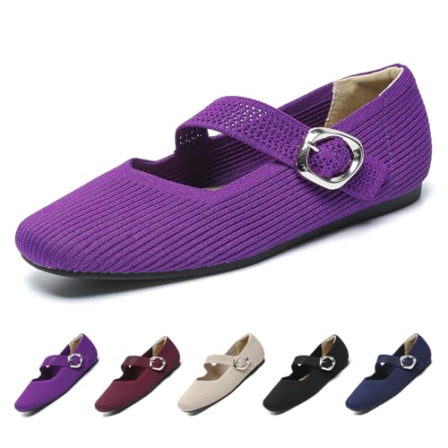 Women’s Knitted Square Toe Mary Jane Flats Adjustable Strap Softsole Ballet Shoes with Arch Support Comfortable Office Dressy Flats