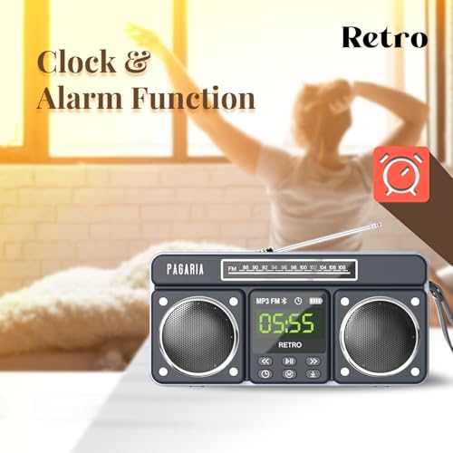 Image of PAGARIA New Retro Portable FM Radio with 10 Watts Sound, Bluetooth Recording, Alarm Clock, USB /TF Card, Detachable External Antenna, Earphone & Aux Port (Black)