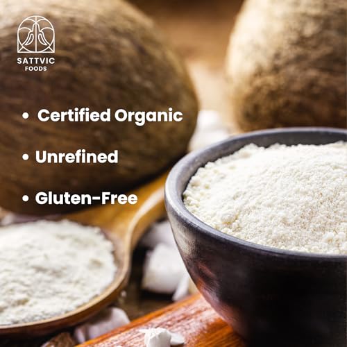 Image of Sattvic Foods Coconut Flour (250 g) | Certified Organic, Keto-Friendly, Gluten-Free, Defatted, Unrefined | High Fibre & Healthy Fats, Low Carb | Perfect for Baking Bread, Cakes, Pies & Tortillas
